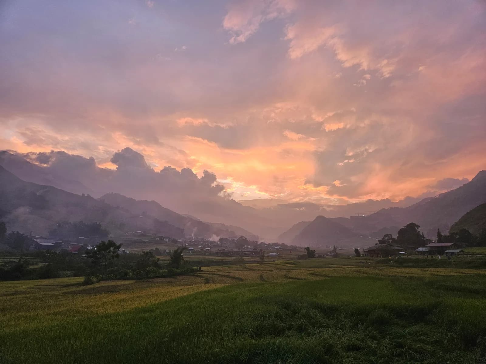 Sunset over the rice terraces and mountains at Sapa